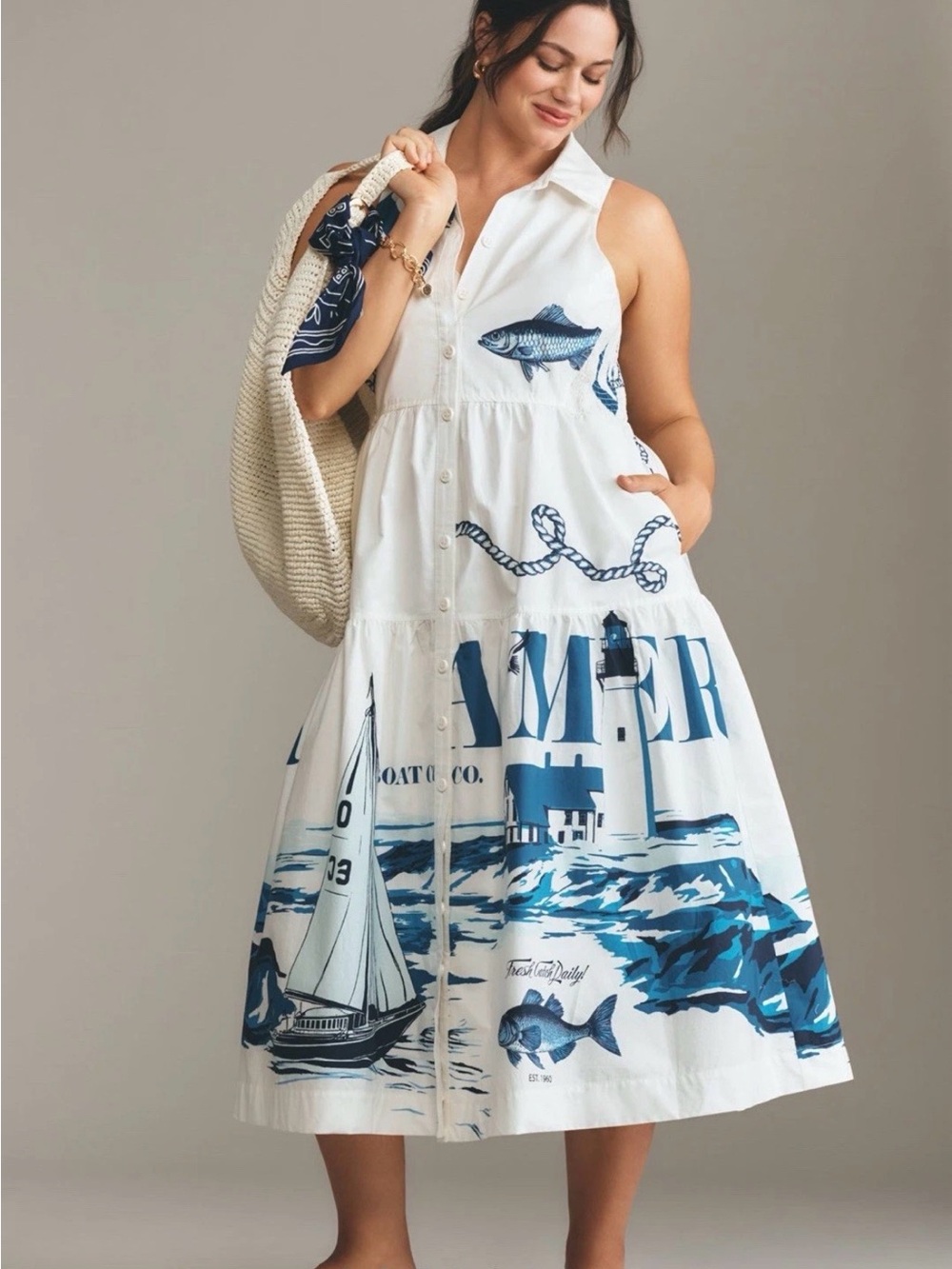 Anthropologie Maeve Sleeveless White Nautical Print Midi Dress — Blue Motif - Picture 4 of 10